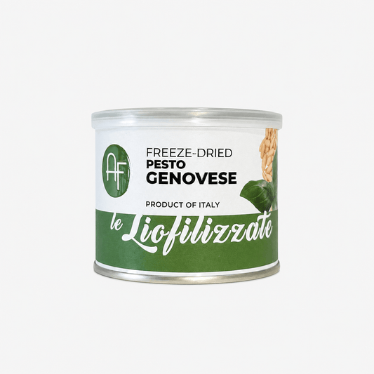 Freeze-dried Pesto Genovese canister, product of Italy, featuring its flavorful pesto for versatile cooking.