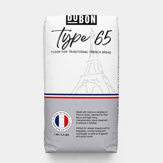 Traditonal French Bread Flour Type 65 1kg bag with Eiffel Tower design, perfect for artisan bread baking.
