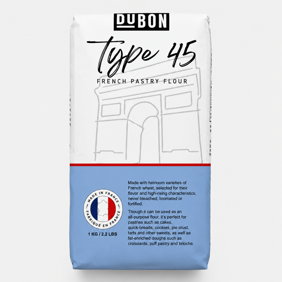 DuBon French Pastry Flour Type 45 bag, 1 kg, ideal for baking croissants, cakes, and delicate pastries.