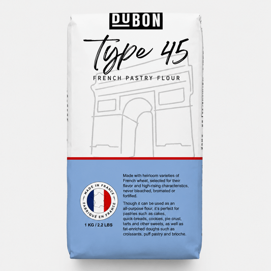 DuBon French Pastry Flour Type 45 bag, 1 kg, ideal for baking croissants, cakes, and delicate pastries.