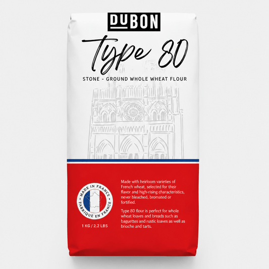 DuBon French Wheat Flour Type 80 packaging, stone-ground semi-whole-wheat flour, 1 kg bag.