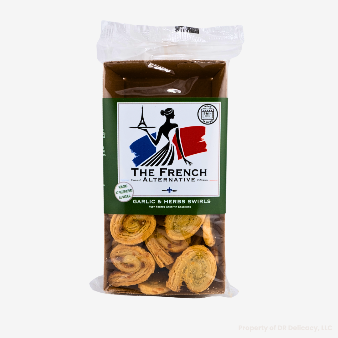 Packaging of Garlic & Parsley Swirl Crackers featuring a blend of garlic and herbs, ideal for snacking.