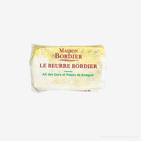Le Beurre Bordier Wild Garlic and Kampot Pepper Butter packaging showcasing gourmet flavor profile.