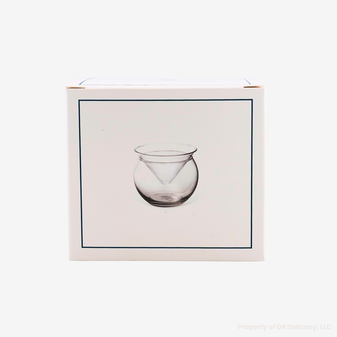Glass Caviar Server in an elegant box for serving quality pearl caviar.