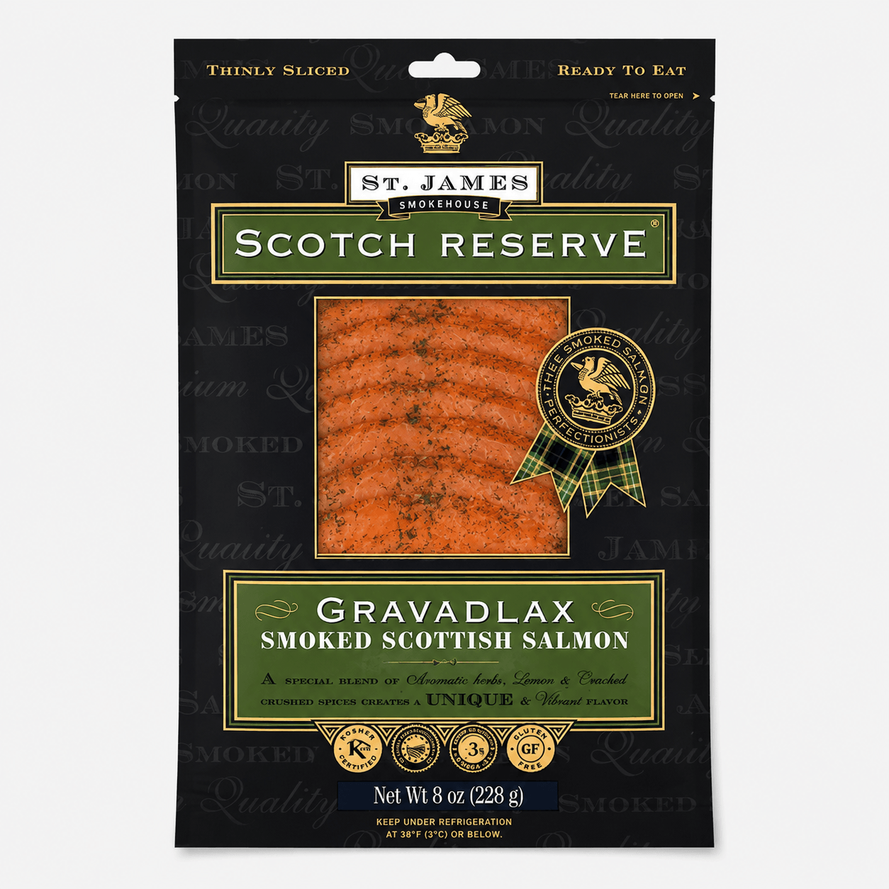 St. James Scottish Smoked Salmon Gravadlax package showcasing unique blend of flavors with vibrant colors.