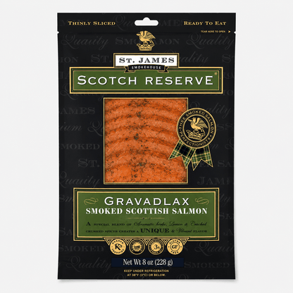 St. James Scottish Smoked Salmon Gravadlax package showcasing unique blend of flavors with vibrant colors.