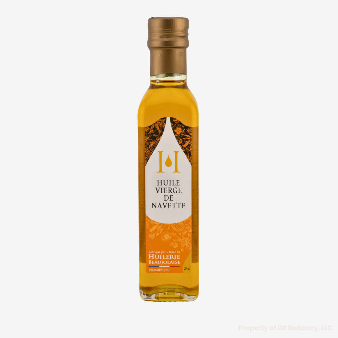 Virgin Turnip Seed Oil -  Huile Vierge de Navette in a glass bottle, featuring its amber hue.
