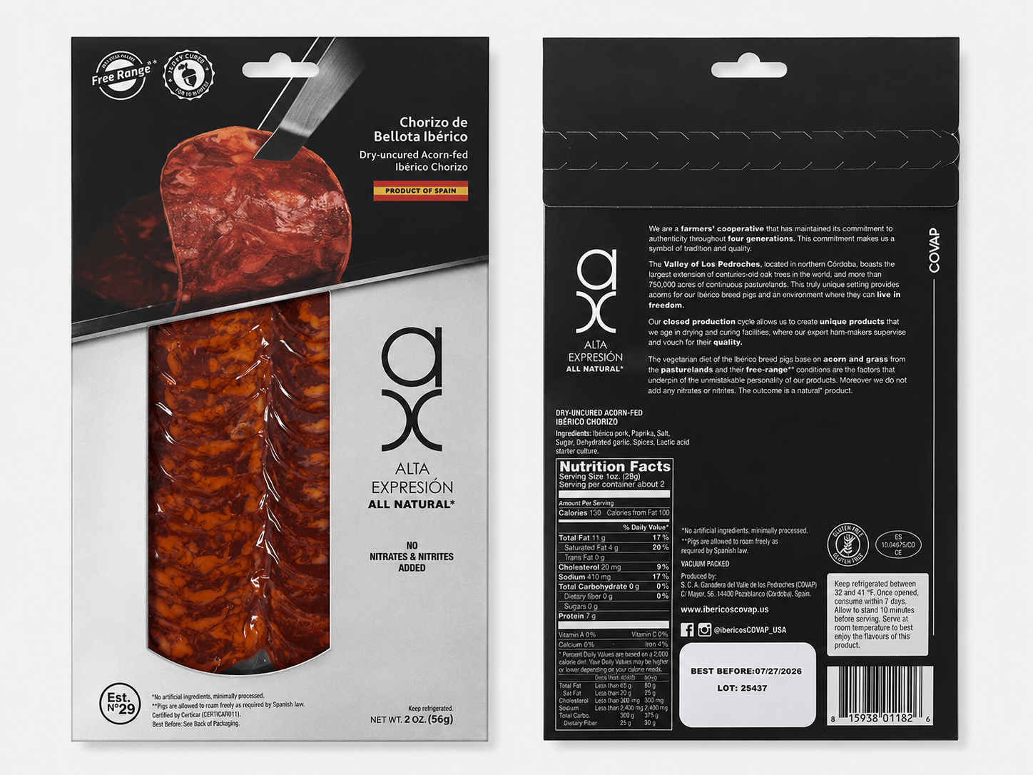 Dry-uncured Acorn-fed Iberico Chorizo packaging featuring traditional Spanish spices and nutrition facts.