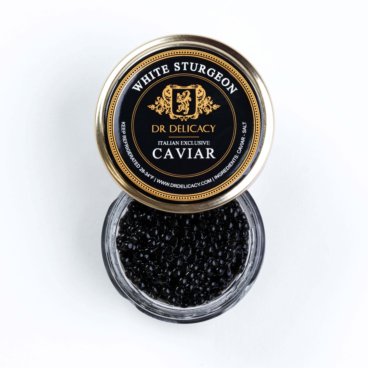 Italian White Sturgeon Caviar by DR Delicacy in elegant packaging, showcasing luxurious firm pearls.