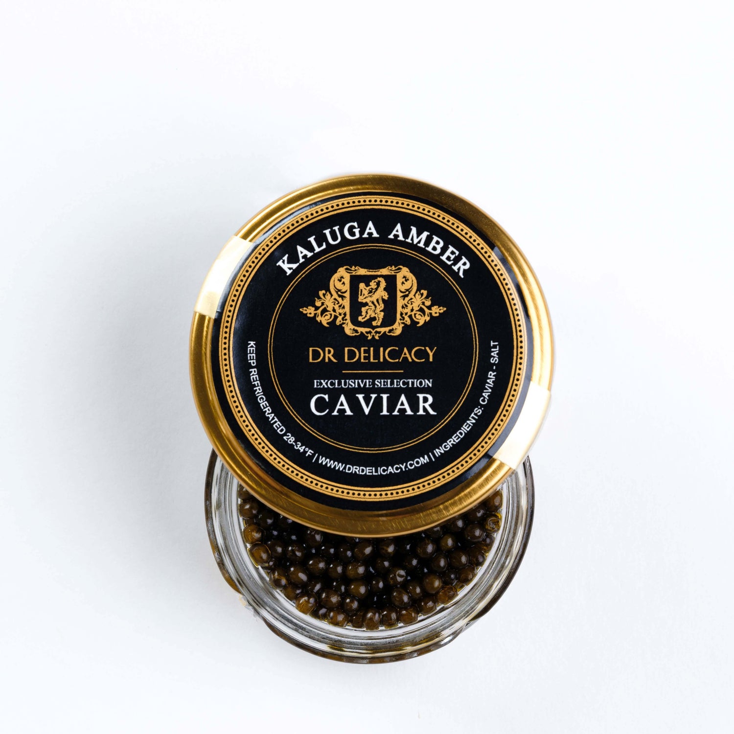 Kaluga Amber Caviar from DR Delicacy, featuring rich amber hues in a glass jar with a lid.