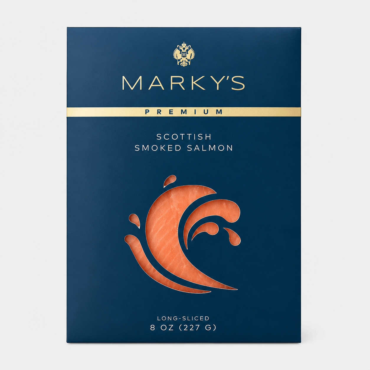 Marky's Scottish Smoked Salmon packaging featuring premium long-sliced smoked salmon on in blue packaging.