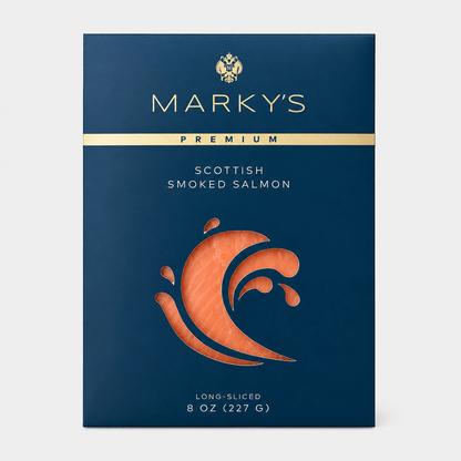 Marky's Scottish Smoked Salmon packaging featuring premium long-sliced smoked salmon on in blue packaging.