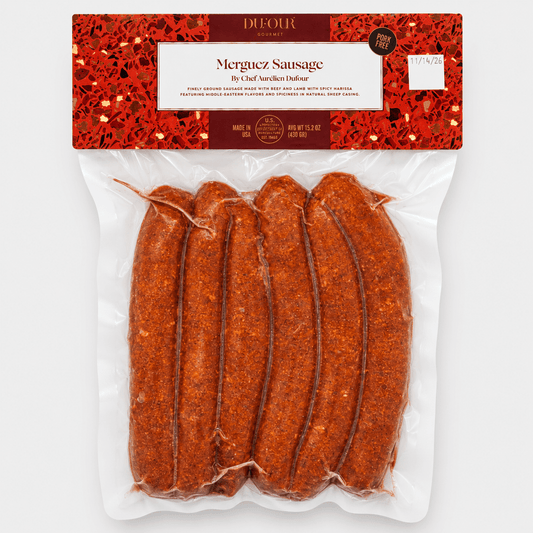 Dufour Merguez Sausage package featuring five links of North African-inspired sausage.
