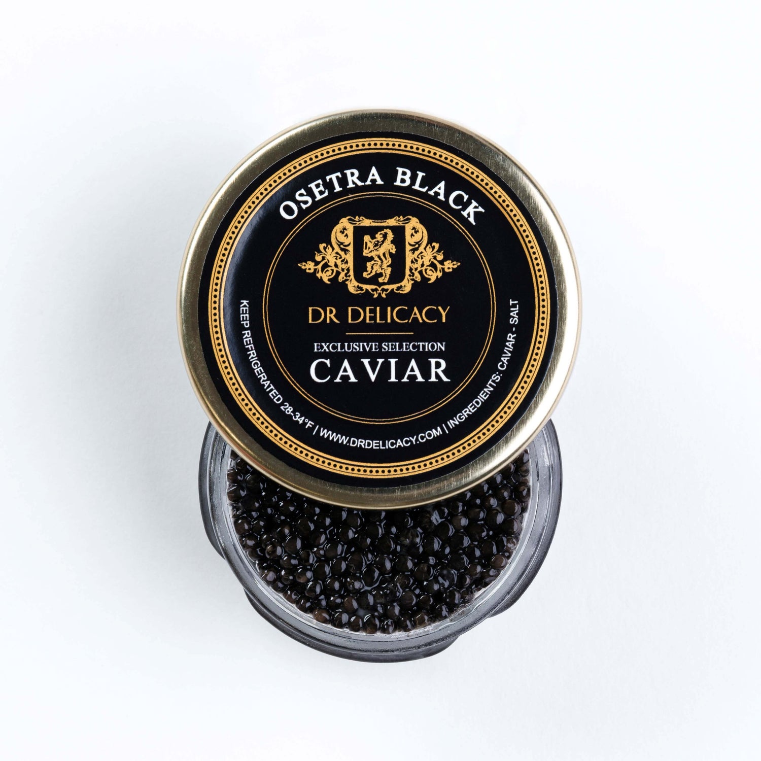Osetra Black Caviar by DR Delicacy in a glass jar, showcasing its rich texture and flavors.