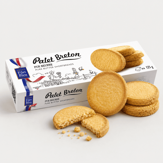 Palets Breton - Pure Butter Shortbreads packaged with delicious cookies showcasing rich buttery texture.
