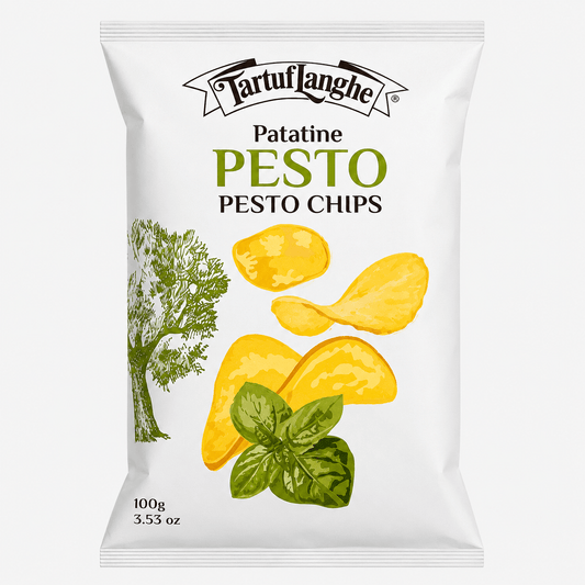 TartufLanghe Pesto Potato Chips packaging featuring basil and potato chips, delicious and gluten-free snack.