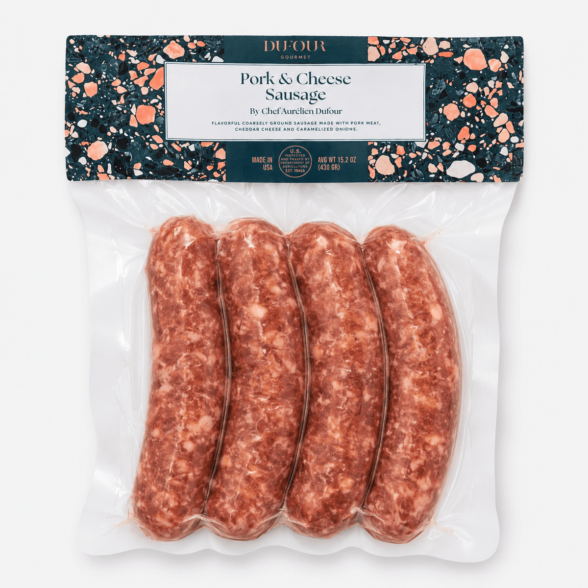 Dufour Pork and Cheddar Cheese Sausage package containing four sausages ready for cooking.