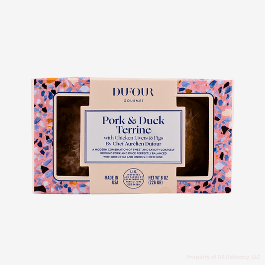 Dufour Pork, Fig and Duck Terrine packaging showcasing the rustic pâté made with pork, duck, and figs.