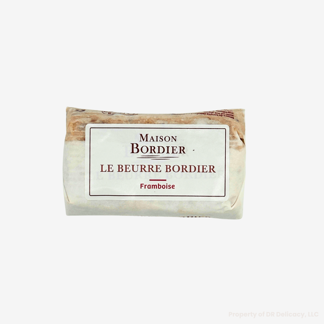 Le Beurre Bordier Raspberry Butter packaging with French text, showcasing the creamy butter with raspberry flavor.