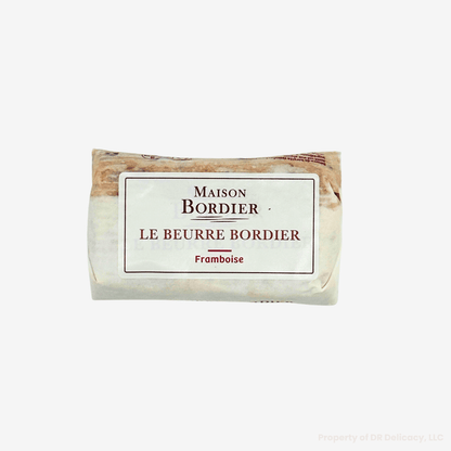 Le Beurre Bordier Raspberry Butter packaging with French text, showcasing the creamy butter with raspberry flavor.