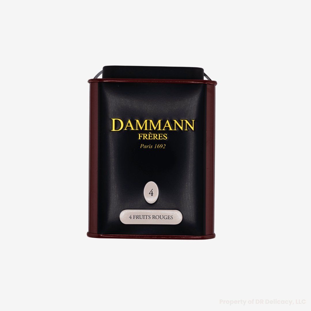 Damman Freres Quatre Fruits Rouges Tea metal box showcasing black tea with red fruit aromas.