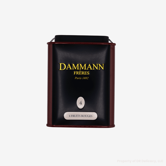 Damman Freres Quatre Fruits Rouges Tea metal box showcasing black tea with red fruit aromas.