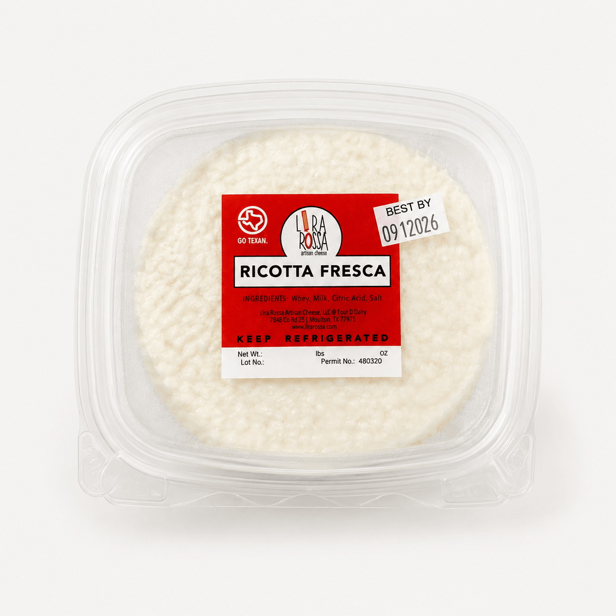 Ricotta Fresca – Fresh Italian Ricotta in a clear container with ingredients listed on the label.
