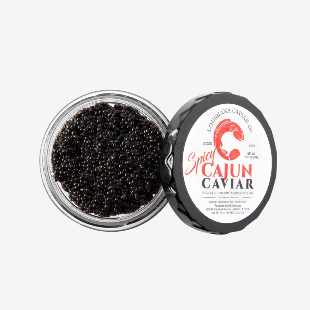 Spicy Cajun Caviar jar featuring black medium pearl caviar infused with ghost pepper for bold flavor.