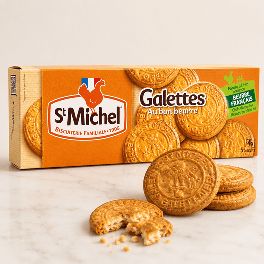 St. Michel Butter Galettes packaging with crispy butter biscuits arranged on a marble surface.