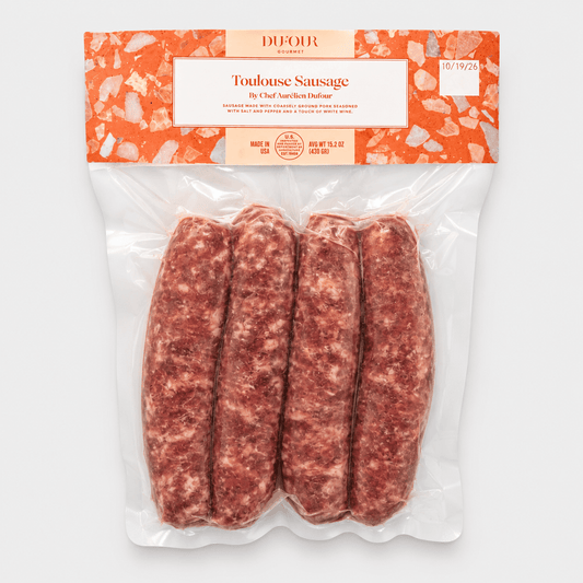 Dufour Toulouse Sausage pack containing four traditional French pork sausages.