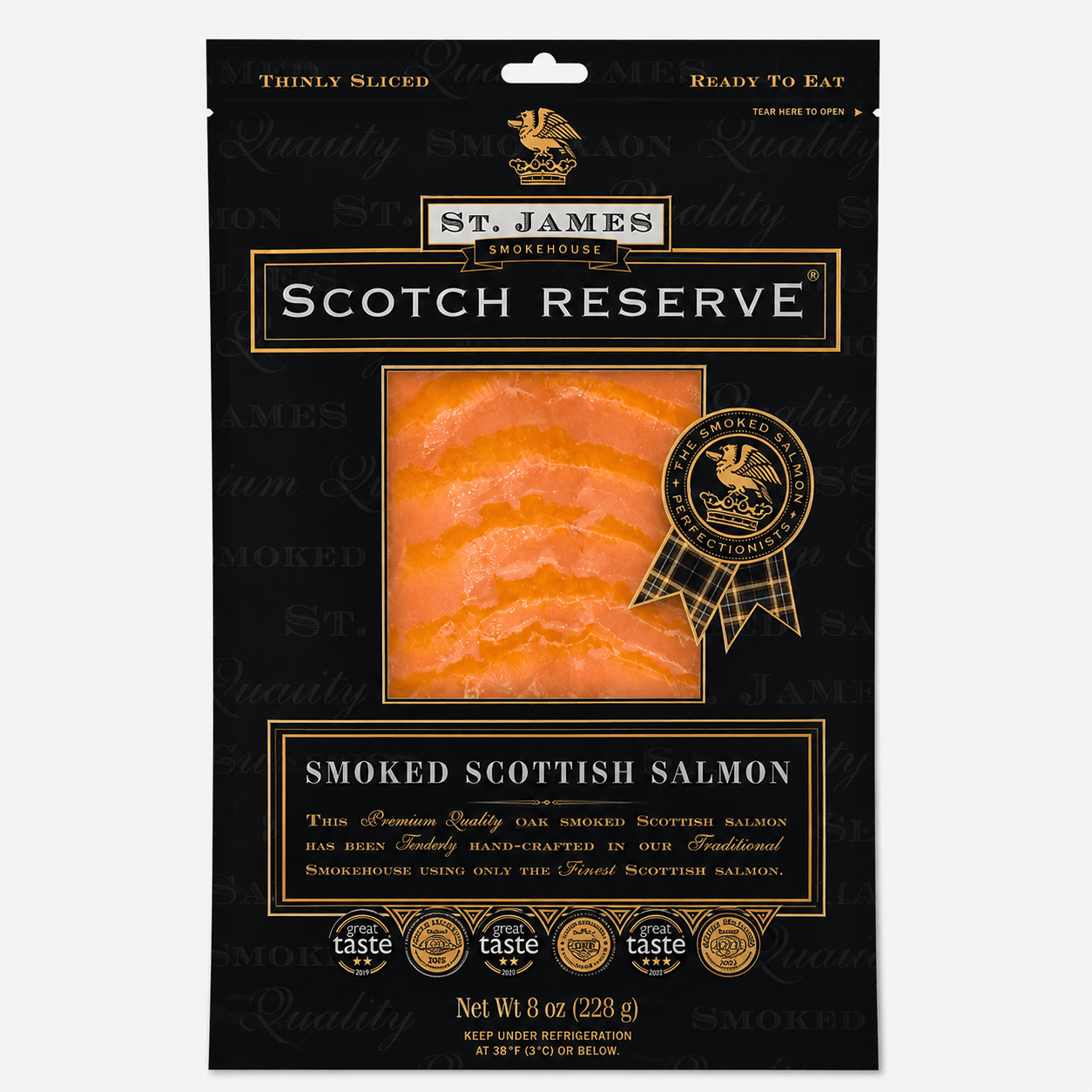 St. James Scottish Smoked Salmon Scotch Reserve package featuring thinly sliced smoked salmon ready to eat.