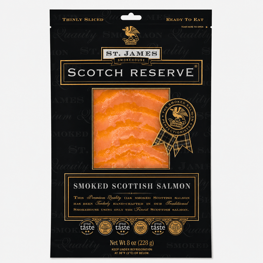 St. James Scottish Smoked Salmon Scotch Reserve package featuring thinly sliced smoked salmon ready to eat.