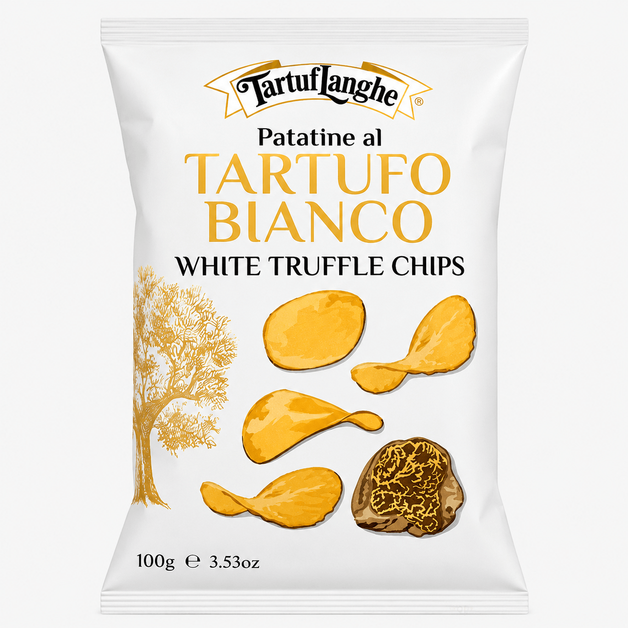 TartufLanghe White Truffle Potato Chips package featuring kettle-cooked chips with white truffle flavor.